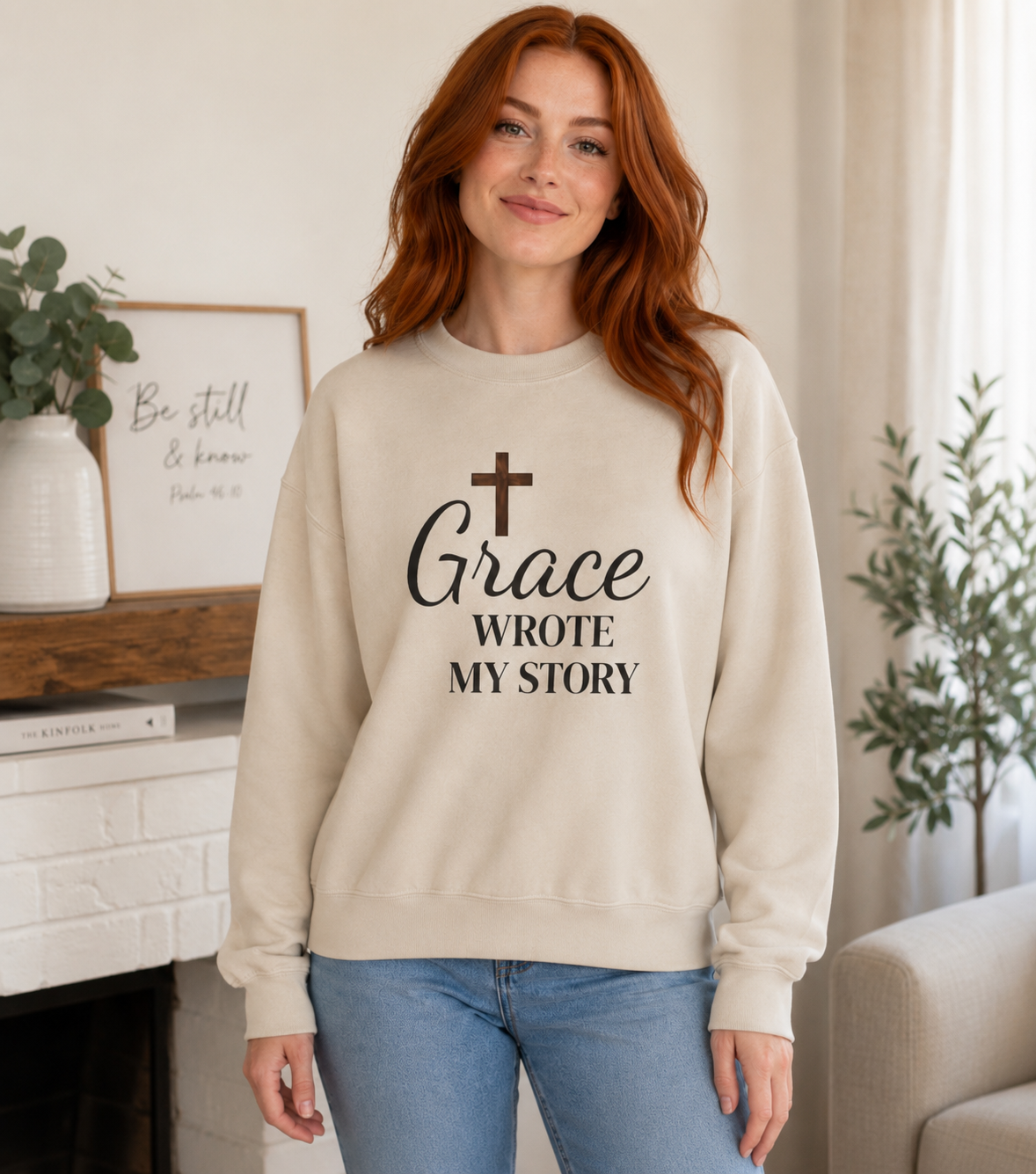 Crewneck Sweatshirt — "Grace Wrote My Story" Christian Cross Faith Pullover