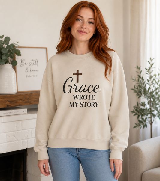 Crewneck Sweatshirt — "Grace Wrote My Story" Christian Cross Faith Pullover