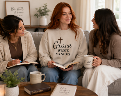 Crewneck Sweatshirt — "Grace Wrote My Story" Christian Cross Faith Pullover