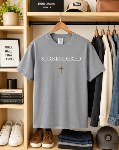 Surrendered T‑Shirt — Christian Faith Tee with Cross (Luke 22:42 "Not My Will, But Yours")