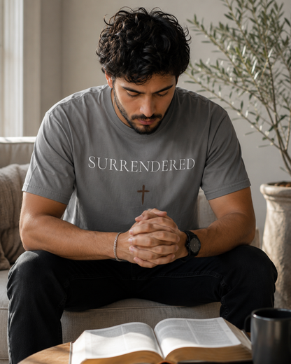 Surrendered T‑Shirt — Christian Faith Tee with Cross (Luke 22:42 "Not My Will, But Yours")