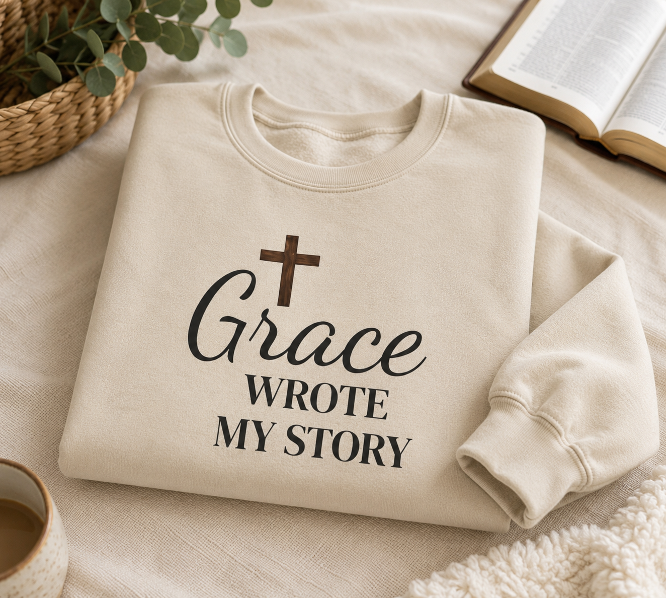Crewneck Sweatshirt — "Grace Wrote My Story" Christian Cross Faith Pullover